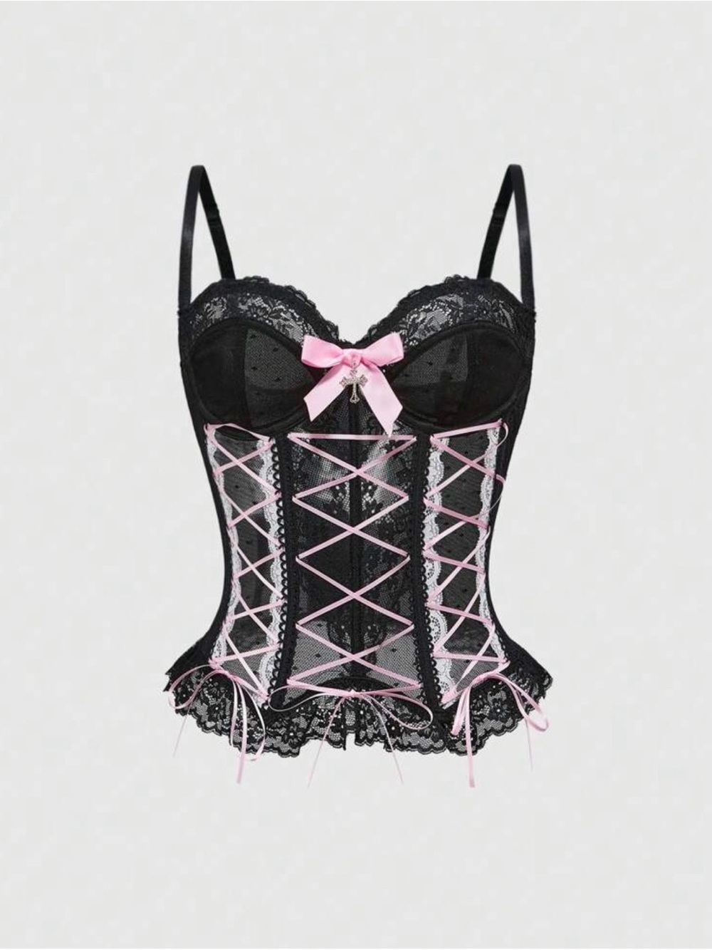 Black & Pink Lace Corset Bustier Top | Coquette Y2K | Size S (US 4)